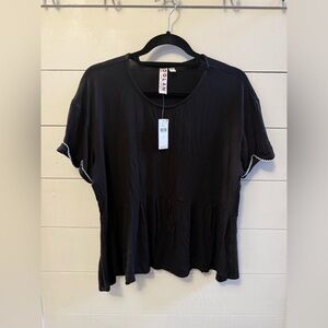 Dolan Women Top Large Black Peplum Blouse White Trim Short Sleeve Casual Soft